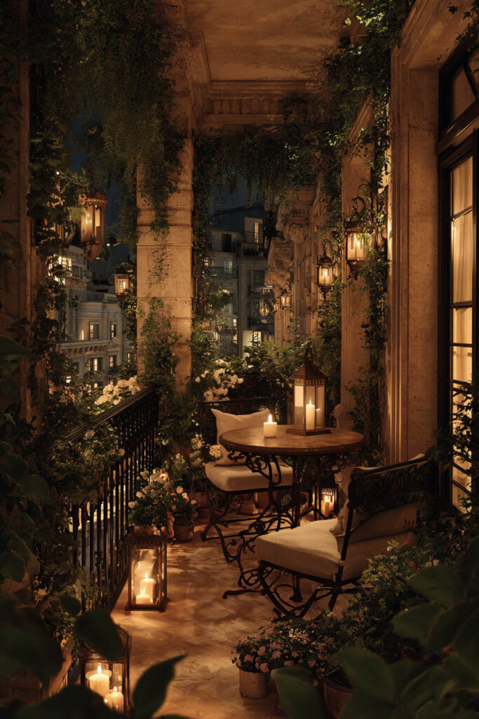 Parisian balcony at night with warm lantern lighting, wrought iron furniture, candles, climbing greenery, and romantic outdoor seating.