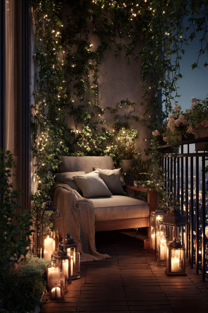 Romantic balcony with candle lanterns, fairy lights, cozy lounge chair, trailing vines, and city views at night.