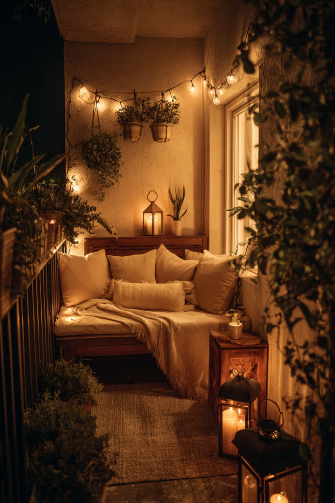 Romantic balcony lounge with daybed seating, warm string lights, lanterns, soft cushions, cozy throw blanket, and ambient lighting at night.