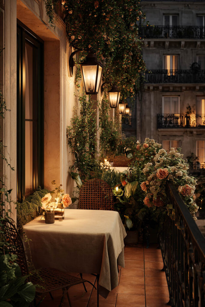 French balcony at night with warm lantern lighting, candlelit table, flowers, climbing greenery, and romantic Parisian apartment decor