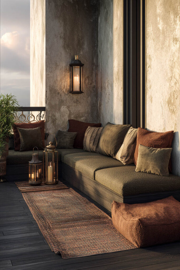Romantic moody balcony with textured cushions, lantern lighting, earthy tones, cozy seating, and warm outdoor ambiance