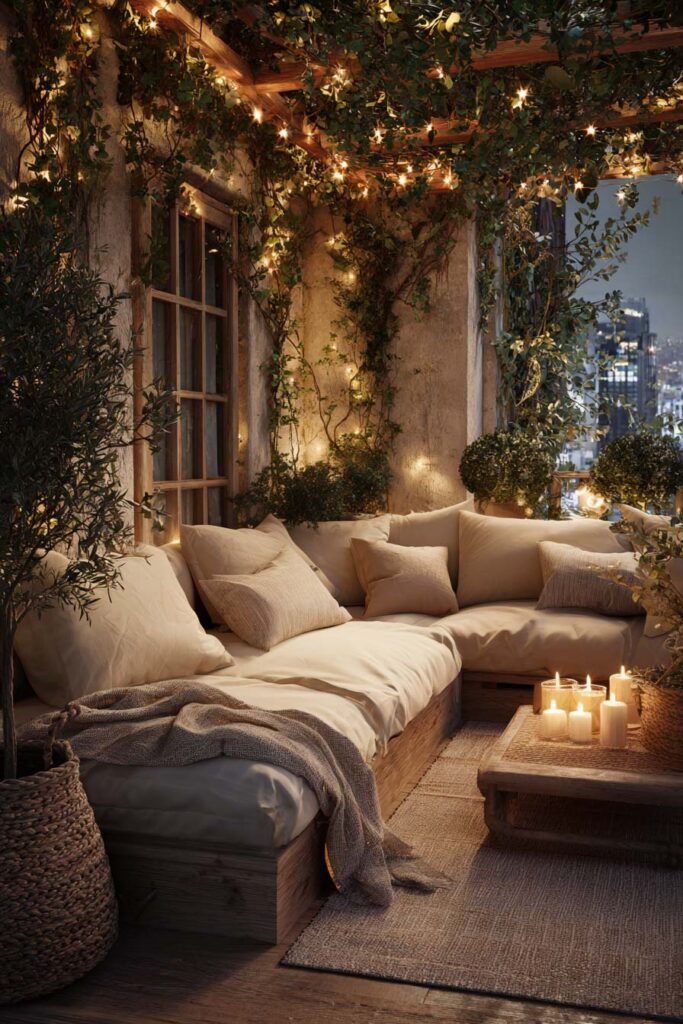 Romantic private balcony with warm neutral decor, cozy sectional seating, candlelight, string lights, natural textures, and lush greenery