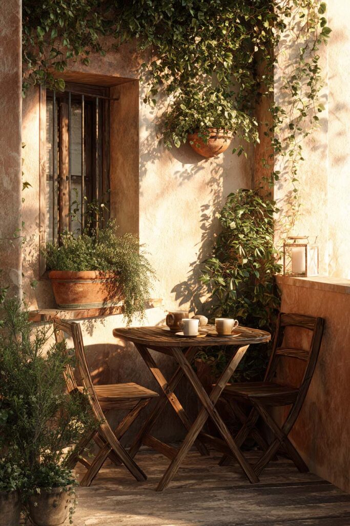 Small Mediterranean balcony café corner with wooden bistro table, folding chairs, climbing vines, terracotta planters, and cozy outdoor seating.