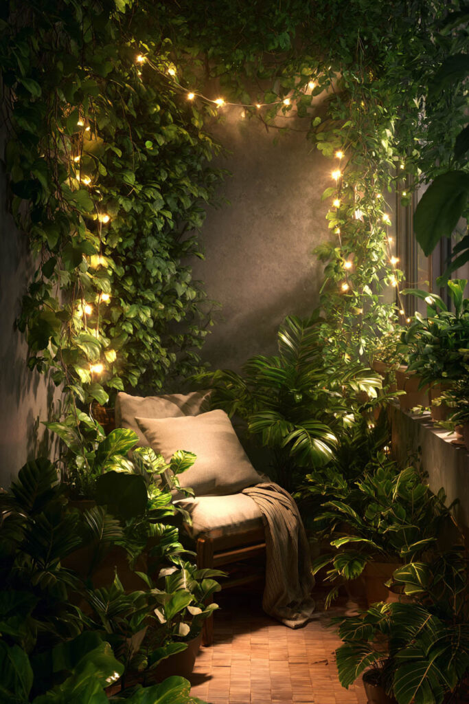 Cozy balcony chair surrounded by lush plants and warm string lights creating a magical garden retreat at night.