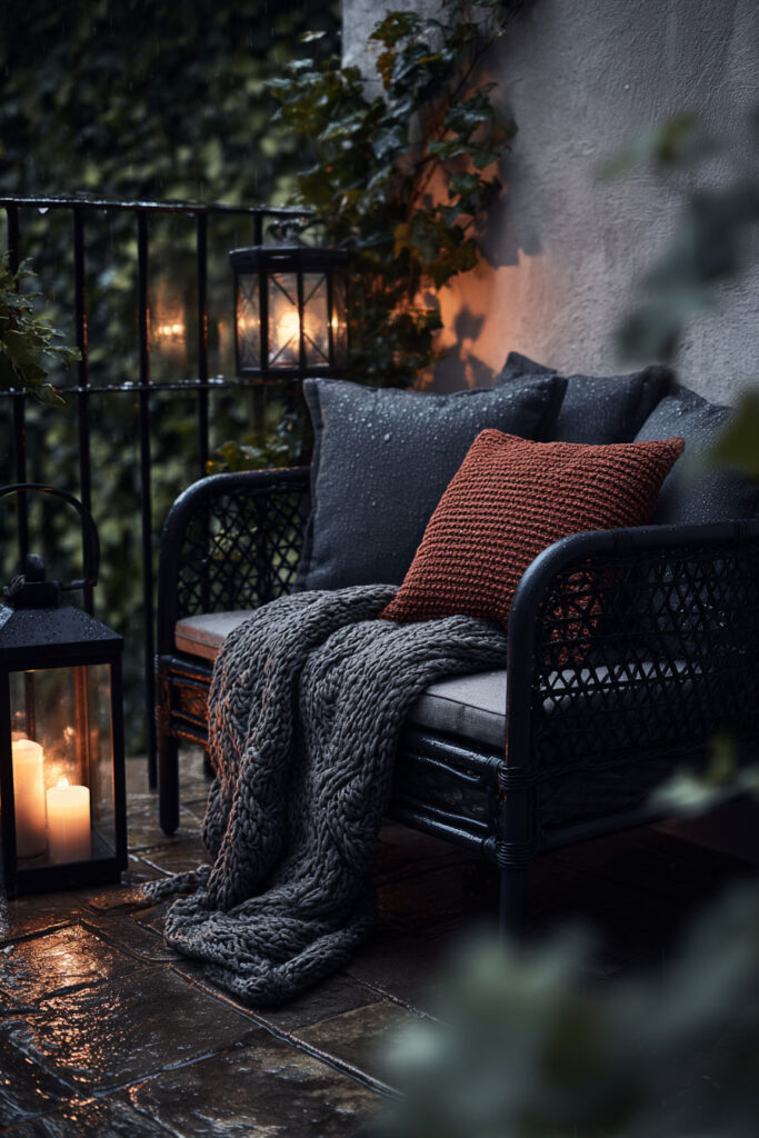 Dark apartment balcony with textured throw blanket, cozy wicker chair, lantern candlelight, rainy atmosphere, and warm ambient lighting.