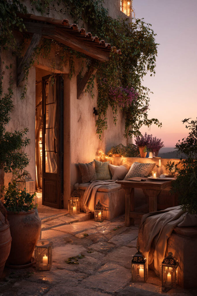 Mediterranean balcony at sunset with candle lanterns, warm ambient lighting, terracotta planters, climbing vines, rustic seating, and cozy outdoor dining area.