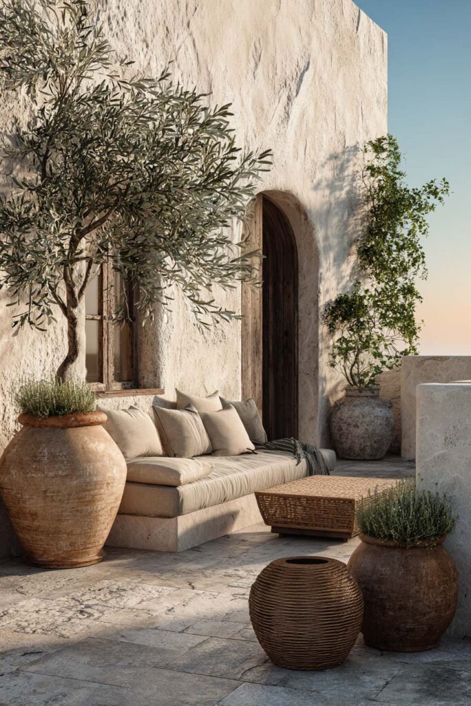 Mediterranean balcony with mature olive tree in oversized terracotta planter, lavender, neutral outdoor seating, and white stucco walls creating a resort-style retreat.
