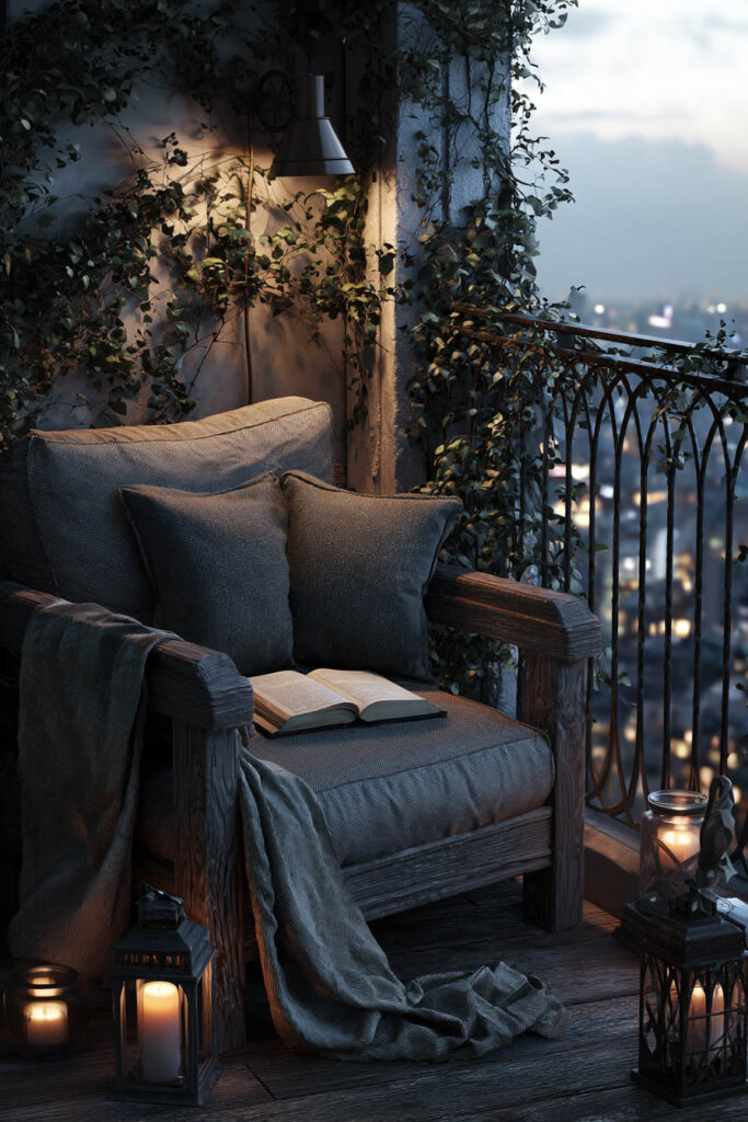 Moody balcony reading nook with cozy armchair, open book, lantern candles, climbing vines, city view, and warm evening lighting.