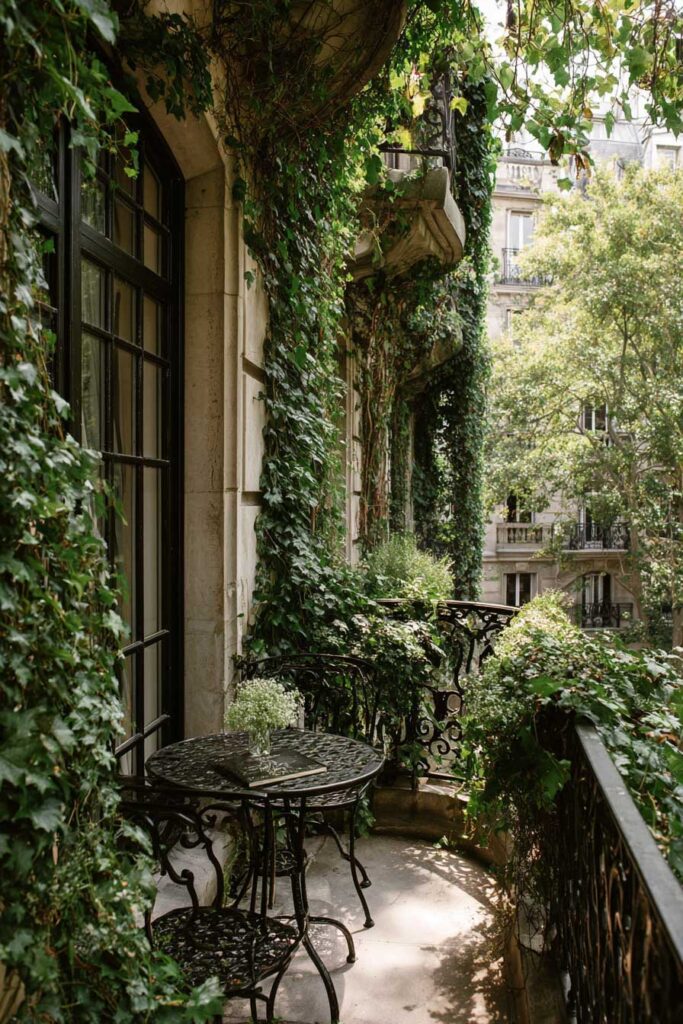 Paris balcony covered in climbing ivy and cascading greenery with a black wrought iron bistro set, lush planters, and hidden garden styling surrounded by historic architecture.