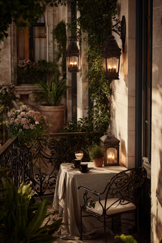 Parisian balcony with warm wall lanterns, candlelit table, wrought iron chair, climbing greenery, and romantic evening lighting.