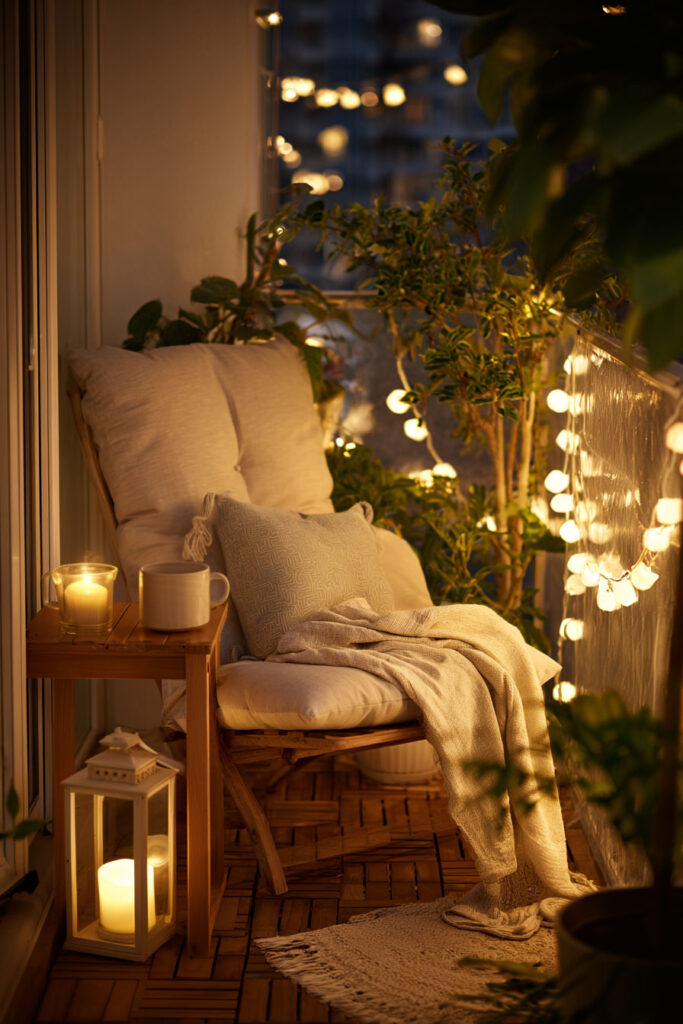 Romantic balcony reading nook with cushioned lounge chair, warm string lights, lantern candle, soft throw blanket, and cozy nighttime lighting.