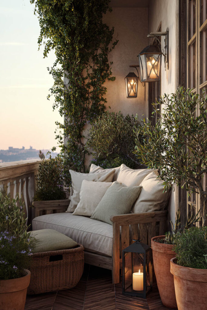 Romantic balcony with warm neutral decor, wooden lounge chair, terracotta planters, candle lantern, and lush greenery creating a cozy private retreat