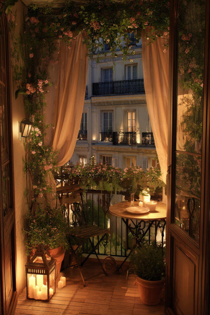 French balcony at night with candles, lanterns, flowing curtains, flower boxes, wrought iron railing, and romantic Parisian apartment view