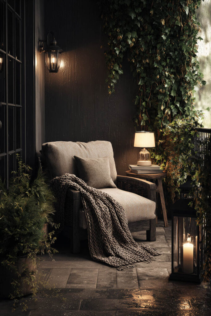 Romantic moody balcony reading nook with cozy armchair, knit throw blanket, candle lanterns, and warm evening lighting