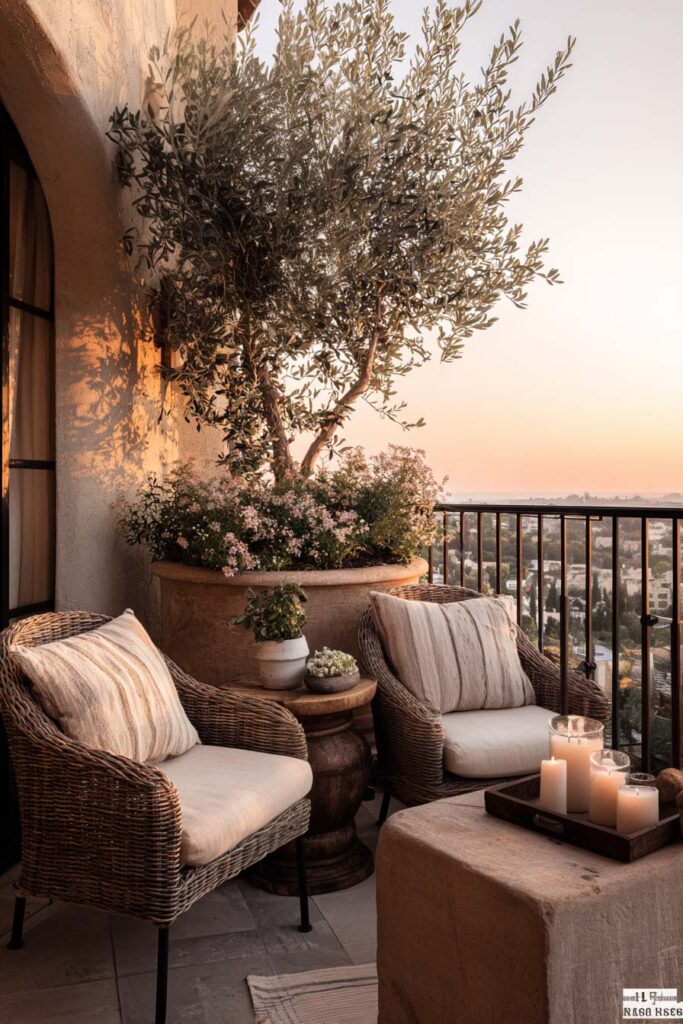 Small Mediterranean balcony with woven lounge chairs, olive tree in large terracotta planter, candlelit table, sunset view, and cozy outdoor seating area.