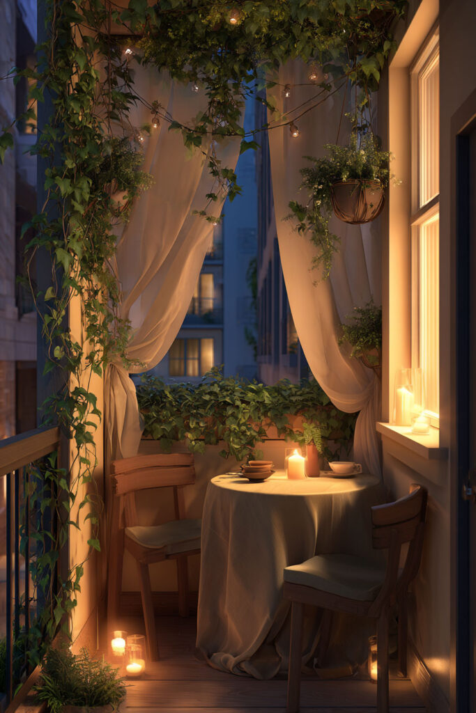Small romantic balcony with café table, candlelight, sheer curtains, hanging plants, and cozy evening lighting for two.