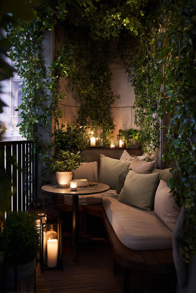 Tiny romantic balcony with built-in seating, candle lanterns, layered greenery, cozy cushions, and warm lighting creating a hidden outdoor retreat.