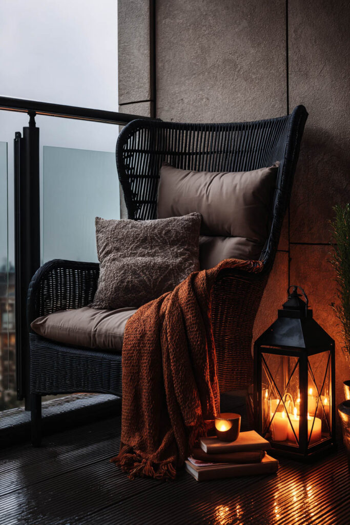 Cozy apartment balcony reading nook with wicker chair, soft pillows, warm candle lantern, textured throw blanket, and moody evening lighting.
