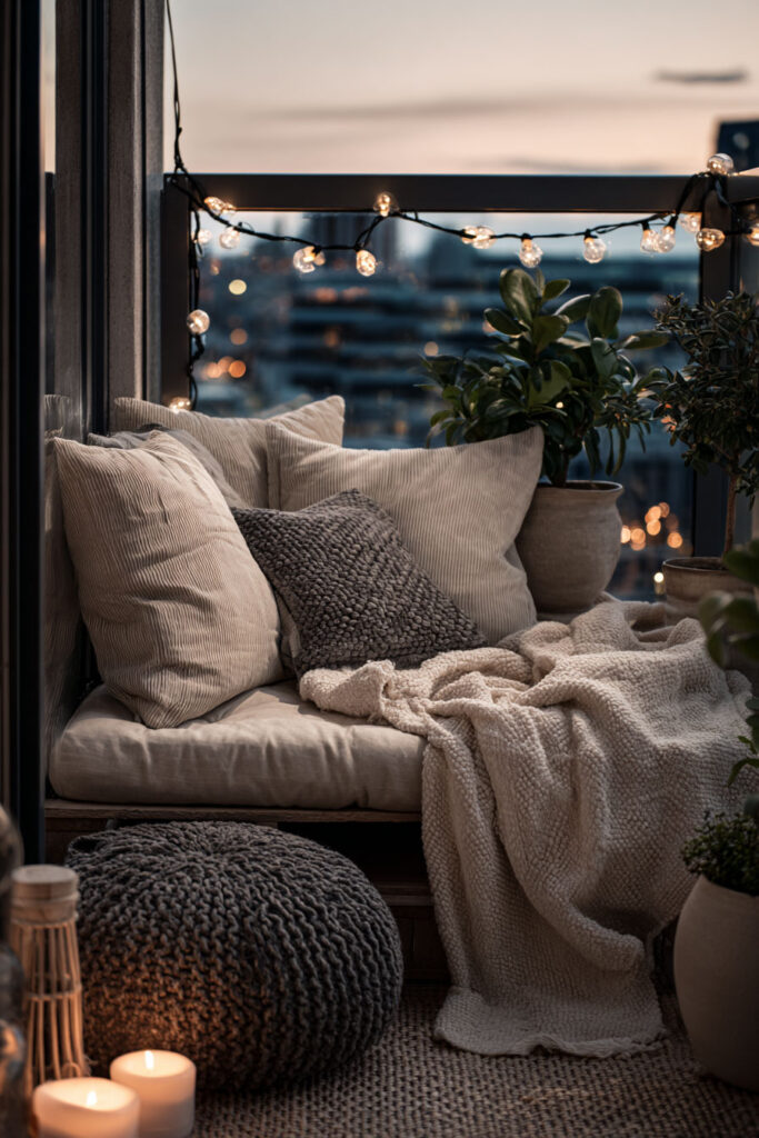 Cozy romantic balcony with soft knit blankets, oversized cushions, string lights, candlelight, and neutral decor creating a warm outdoor retreat.