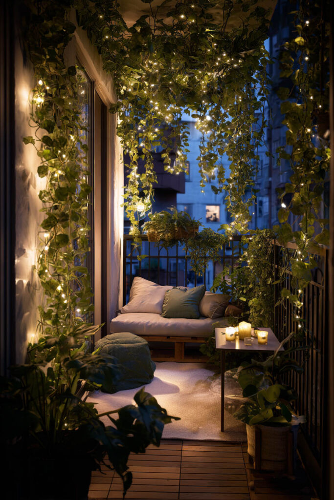 Balcony with cascading vines, fairy lights, cozy seating, and candles creating a magical garden retreat at night.