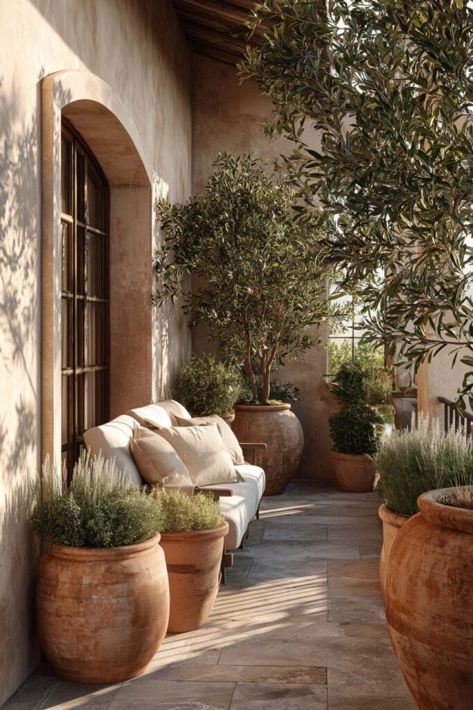 Mediterranean balcony with mature olive trees, terracotta pots, lavender, neutral outdoor sofa, and warm stone flooring creating a resort-style retreat.