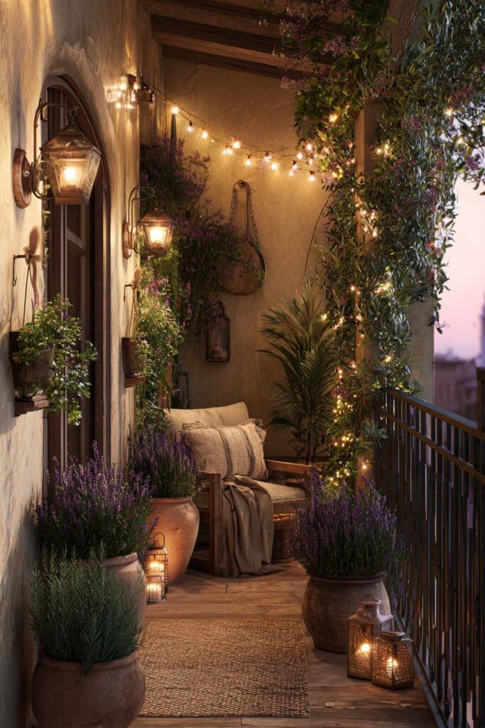 Mediterranean balcony with string lights, wall lanterns, terracotta planters, lavender plants, cozy seating, and warm evening lighting for summer nights.