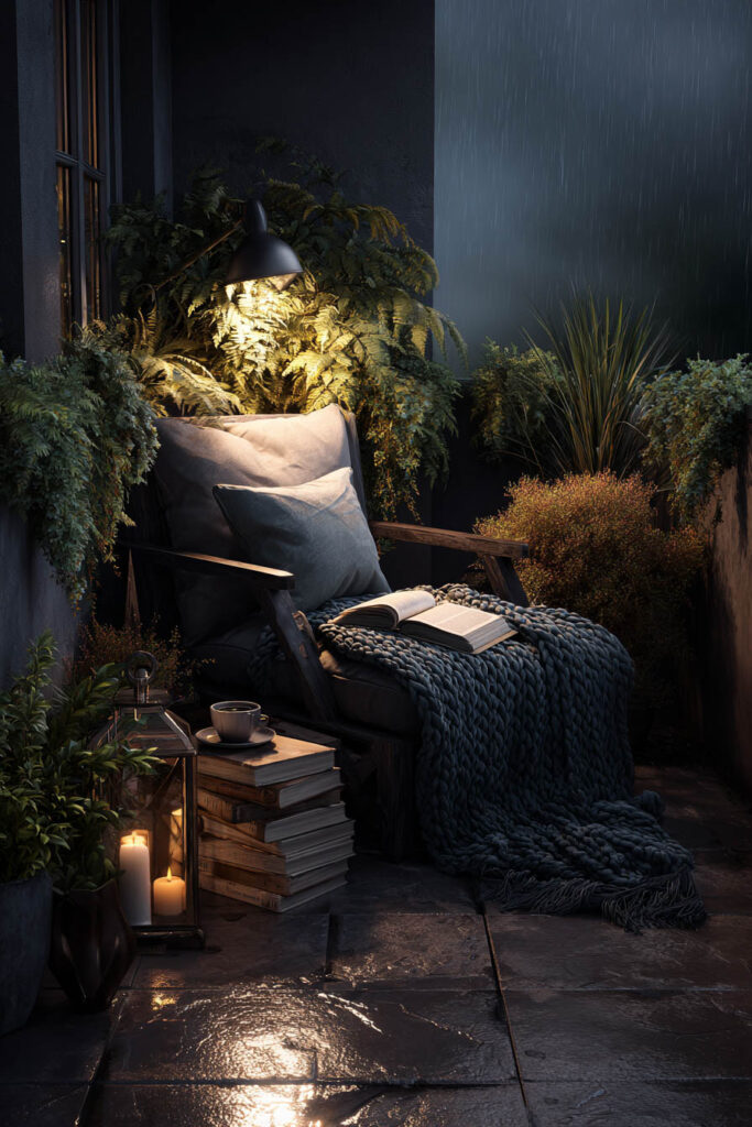 Moody balcony reading nook with cozy chair, books, knit blanket, warm lighting, lush plants, rainy evening atmosphere, and candle lanterns.