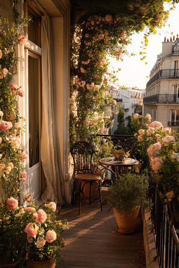 Paris balcony covered in climbing blush roses with a wrought iron bistro set, terracotta planters, flower-filled railings, and hidden garden styling overlooking historic city buildings.