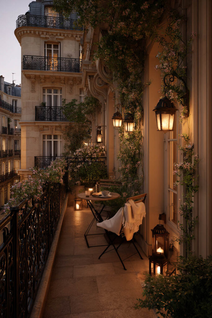 Parisian balcony at dusk with warm lantern lighting, candle lanterns, wrought iron railings, climbing flowers, and romantic French apartment architecture
