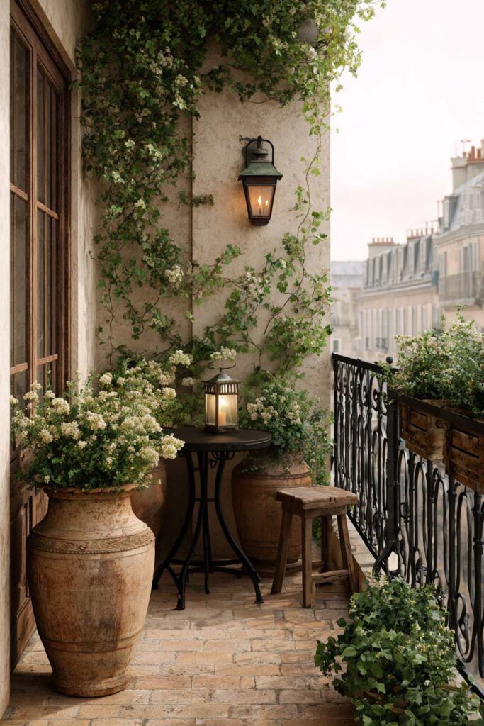 Parisian balcony with vintage terracotta urn, antique lantern, climbing vines, wrought iron railing, and elegant European balcony decor.