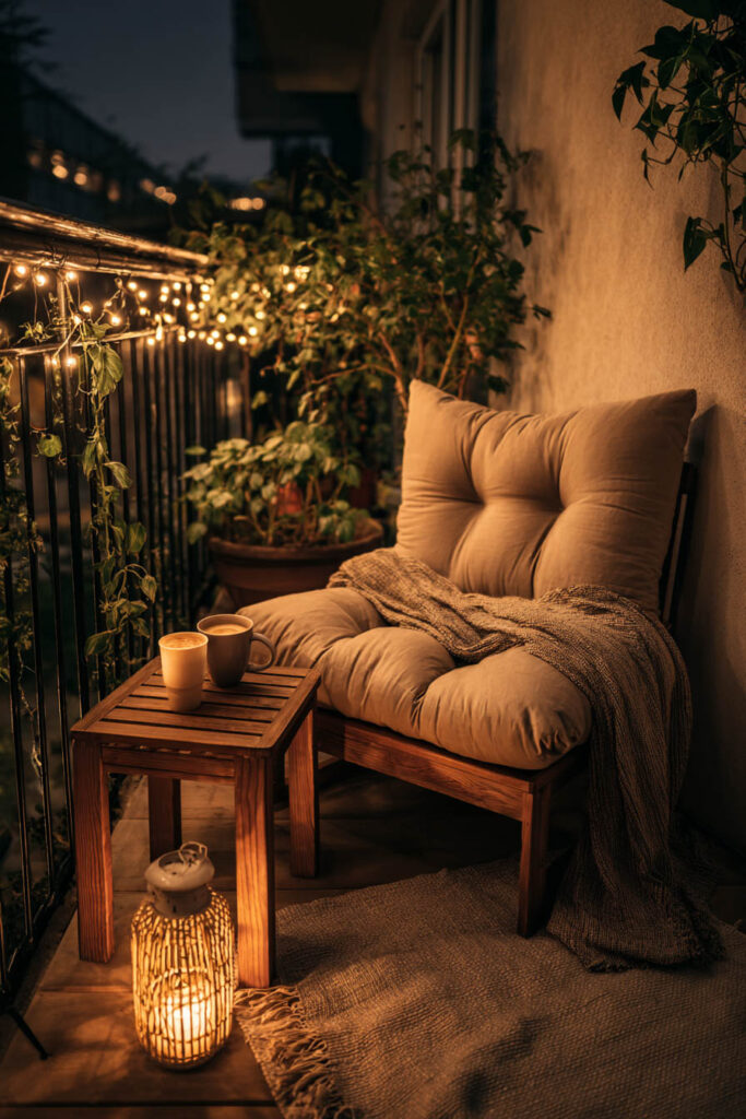Romantic balcony with cushioned lounge chair, warm string lights, lantern, wooden side table, cozy throw blanket, and ambient nighttime lighting.