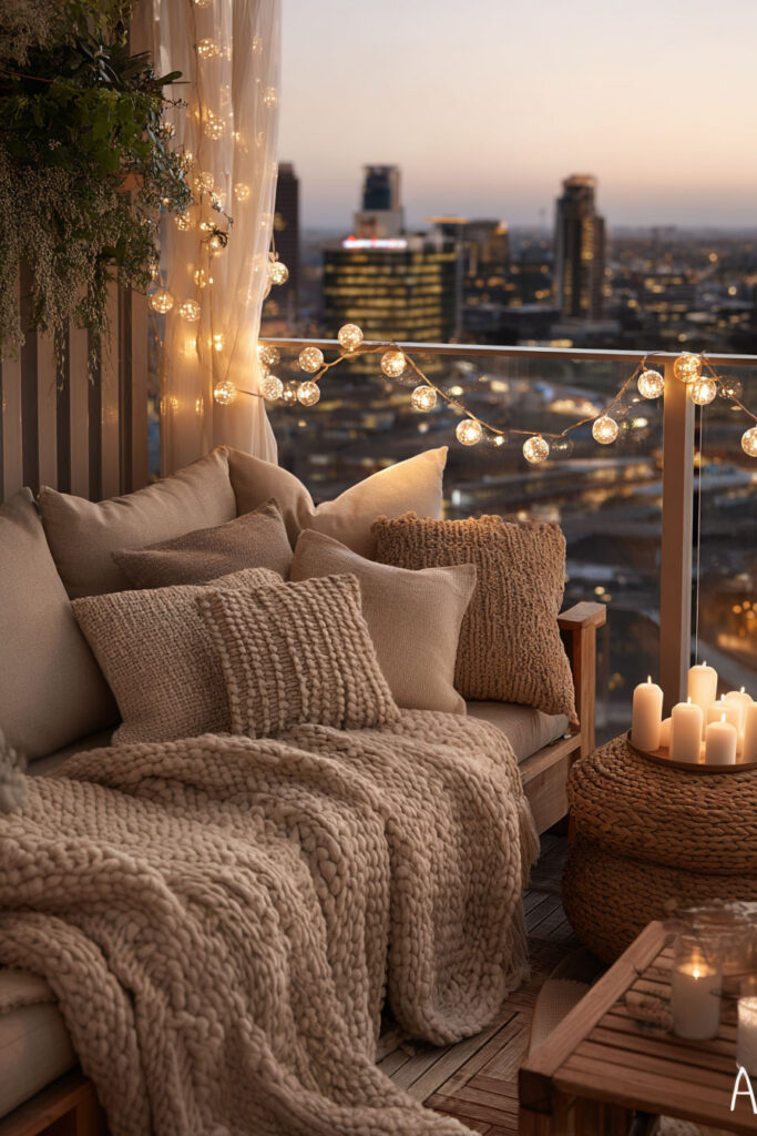 Romantic balcony with warm neutral cushions, chunky knit blanket, candlelight, string lights, and city skyline views at sunset