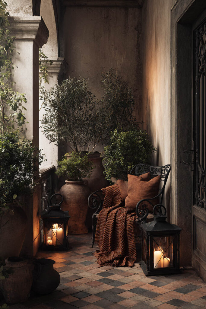 Romantic moody balcony with vintage iron chair, lantern candlelight, terracotta planters, and old-world outdoor decor