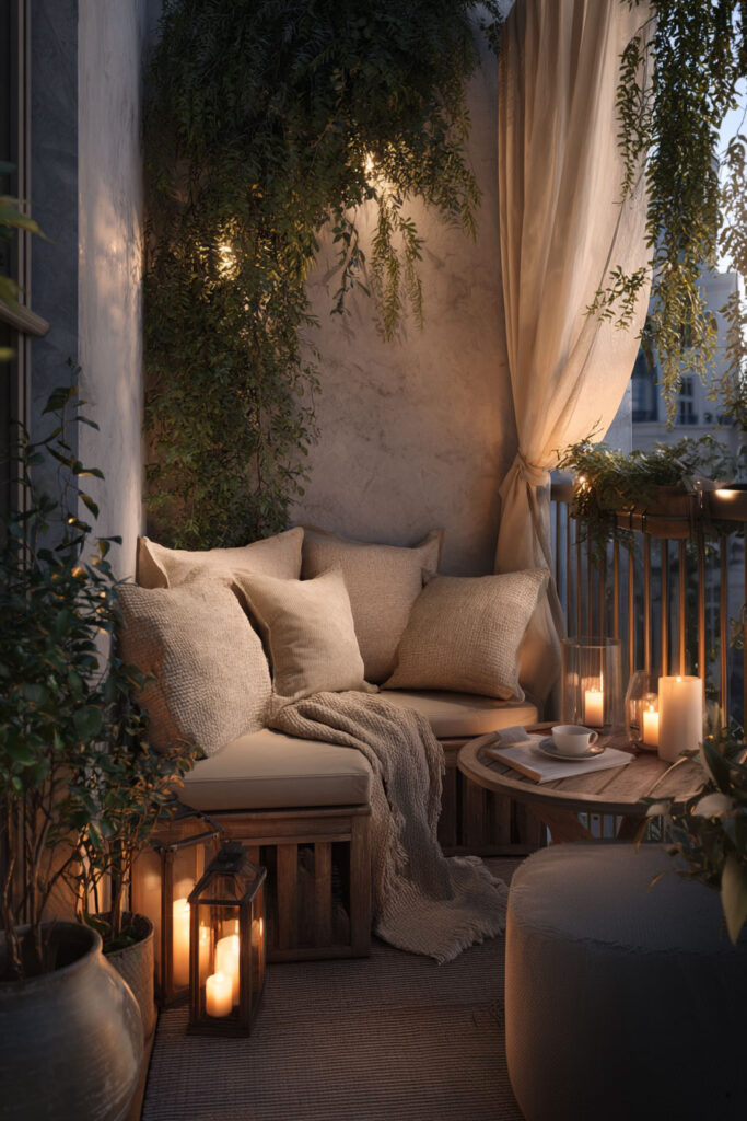Small romantic balcony with cozy bench seating, candle lanterns, sheer curtains, and lush greenery for intimate evening relaxation.