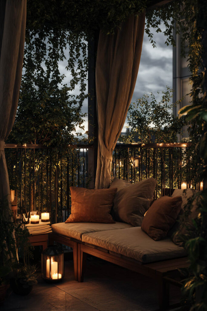 Private apartment balcony with curtains, layered greenery, candle lanterns, cozy seating, and warm ambient lighting at night.