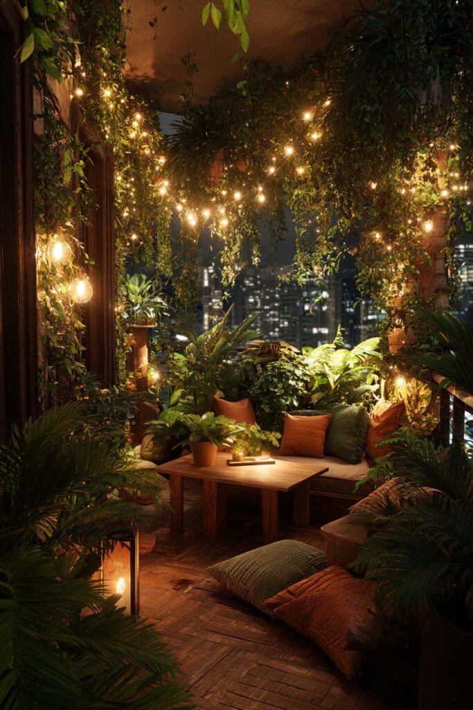 Lush balcony lounge with string lights, tropical plants, cozy seating, and city skyline creating a magical nighttime retreat.