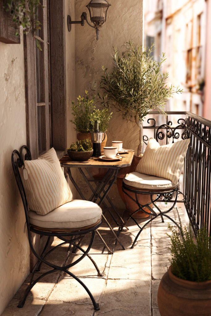 Mediterranean balcony café corner with potted olive tree, rosemary, wrought iron bistro chairs, and small outdoor table in a cozy resort-inspired setting.