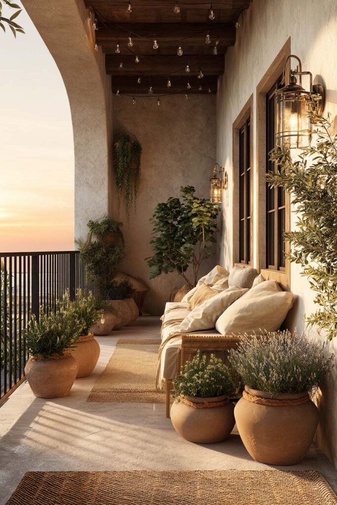 Mediterranean balcony with wall lanterns, overhead string lights, terracotta planters, outdoor sofa, and warm evening lighting for summer nights.