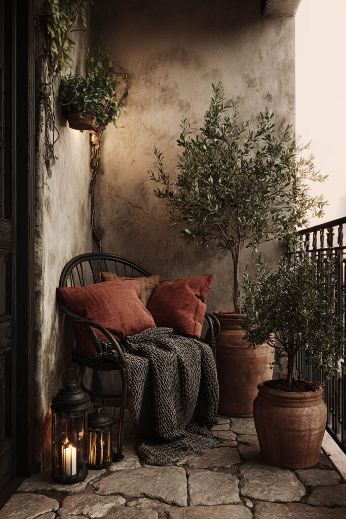 Moody balcony with vintage chair, terracotta olive trees, lantern candles, stone flooring, cozy blanket, and old-world outdoor charm.