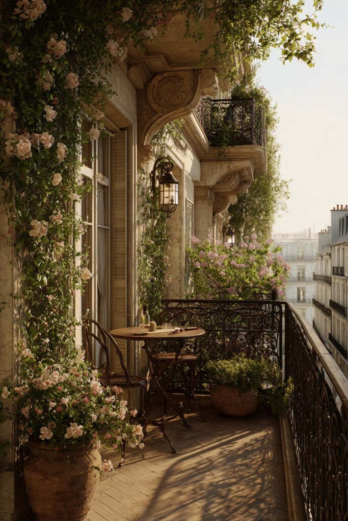 Paris balcony with climbing roses, trailing vines, wrought iron railing, bistro table, terracotta planters, and historic stone architecture creating a hidden garden atmosphere.