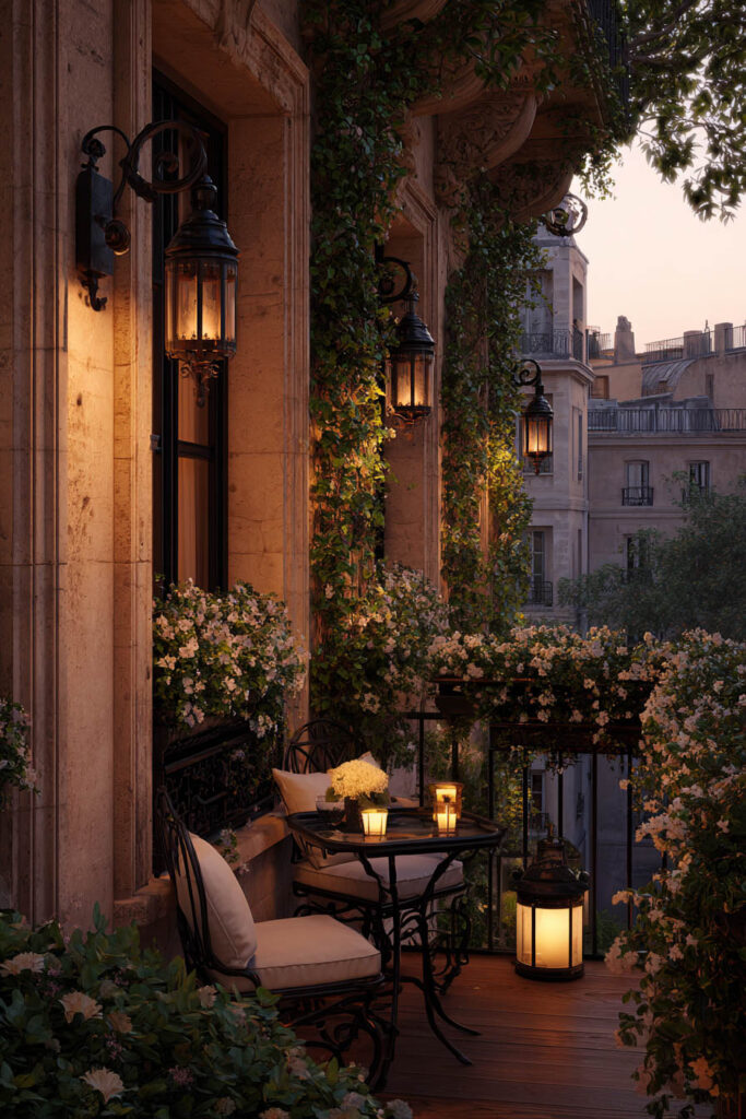 Parisian balcony at twilight with lantern lighting, flower-filled railings, wrought iron furniture, climbing vines, and romantic French decor