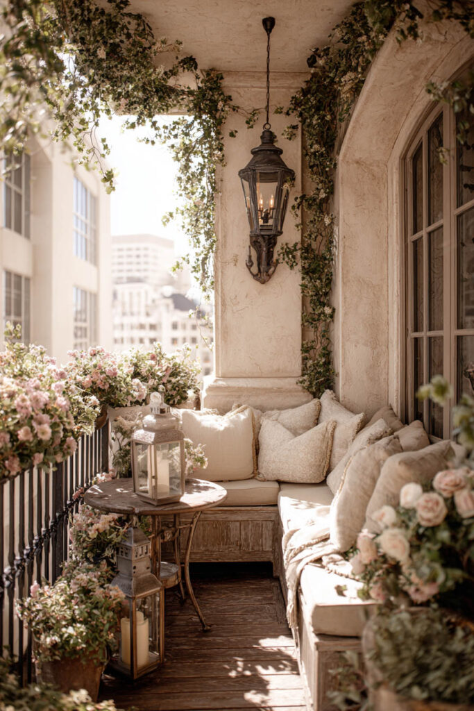 Parisian balcony with vintage wood bench, neutral cushions, antique lanterns, climbing greenery, blush flowers, and romantic French balcony decor.
