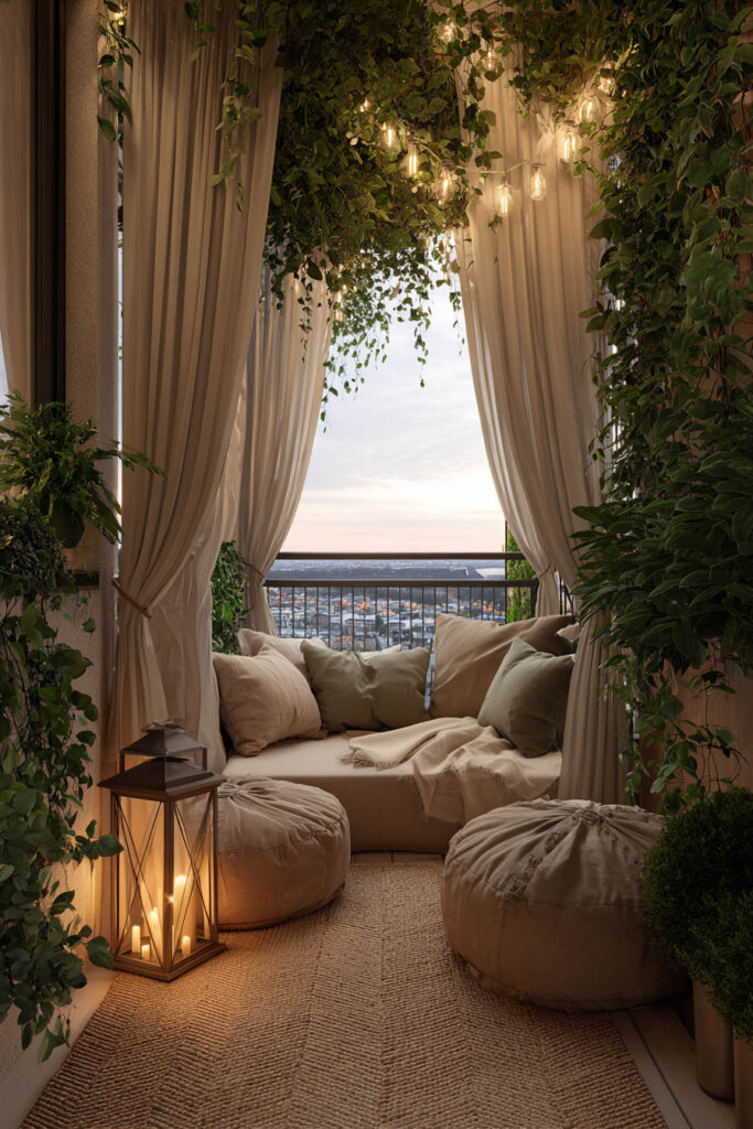 Private romantic balcony with outdoor curtains, layered greenery, lanterns, cozy seating, and soft lighting creating a hidden retreat atmosphere.