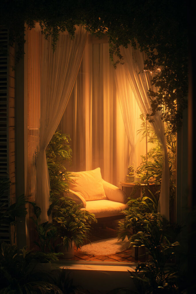 Romantic balcony with sheer privacy curtains, warm ambient lighting, cozy lounge chair, lush greenery, and intimate outdoor seating at night.
