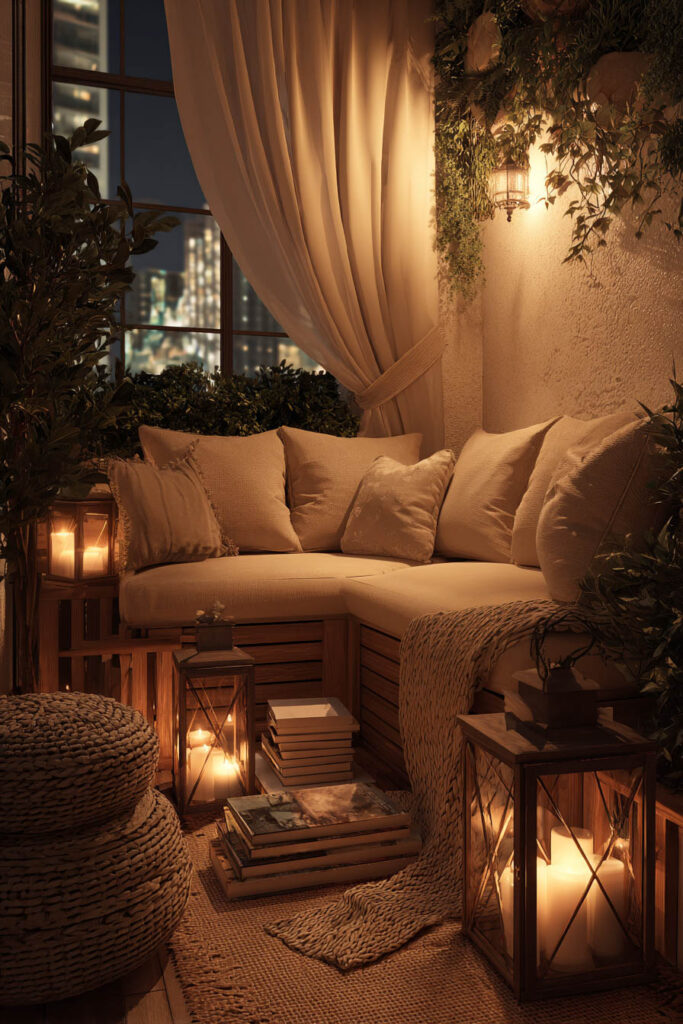 Romantic balcony reading nook with warm neutral decor, lantern candlelight, cozy sectional seating, flowing curtains, and natural woven textures
