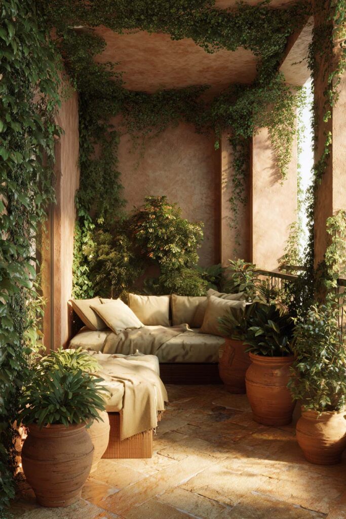 Small Mediterranean balcony with climbing vines, layered greenery, terracotta pots, built-in seating, stone flooring, and private garden-inspired outdoor living space.