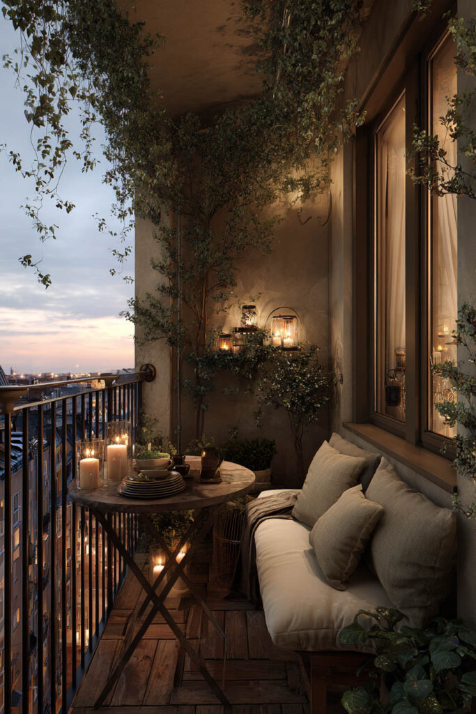 Small romantic balcony with cozy bench seating, candlelit table, city views, and greenery for intimate evenings outdoors.
