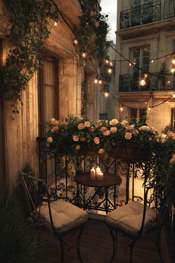 French balcony with string lights, candles, flower boxes, wrought iron chairs, and romantic Parisian evening decor