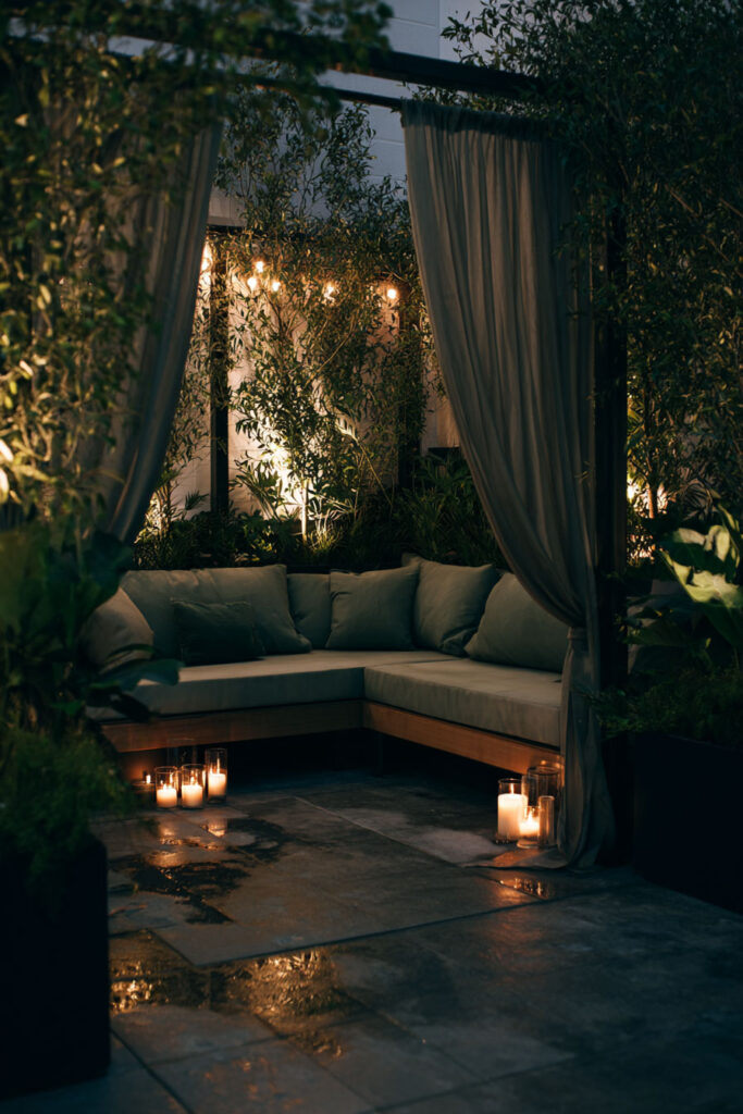 Private apartment balcony with outdoor curtains, cozy sectional seating, candle lanterns, lush greenery, and warm evening lighting.