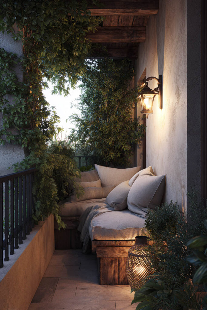 Private Mediterranean balcony with climbing vines, layered greenery, built-in seating, lantern lighting, and lush plants creating a resort-inspired outdoor retreat.